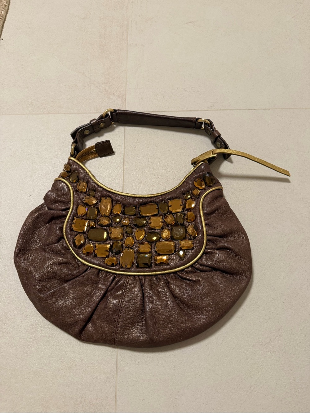 Brown Beaded Hobo Shoulder Bag